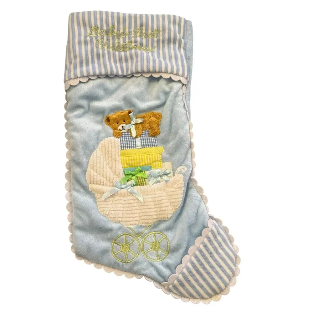 BLUE BABY'S FIRST‎ CHRISTMAS STOCKING Carriage Pram Boys Infant Holiday Decor